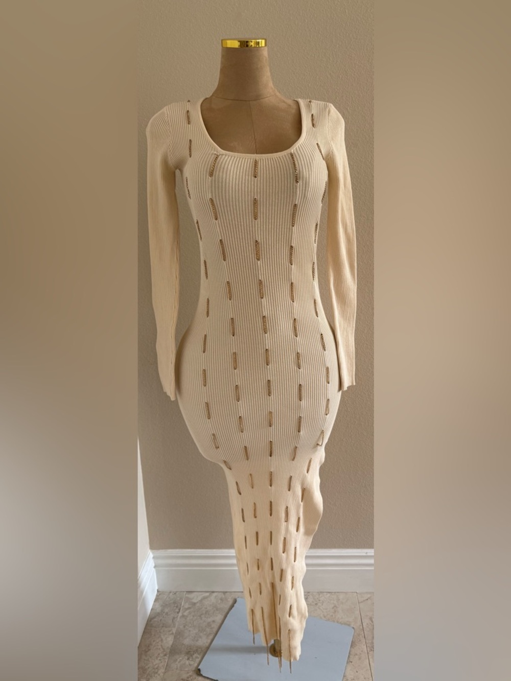 Fashion Nova Cream Ribbed Long Sleeve Bodycon Dress with Ladder Details